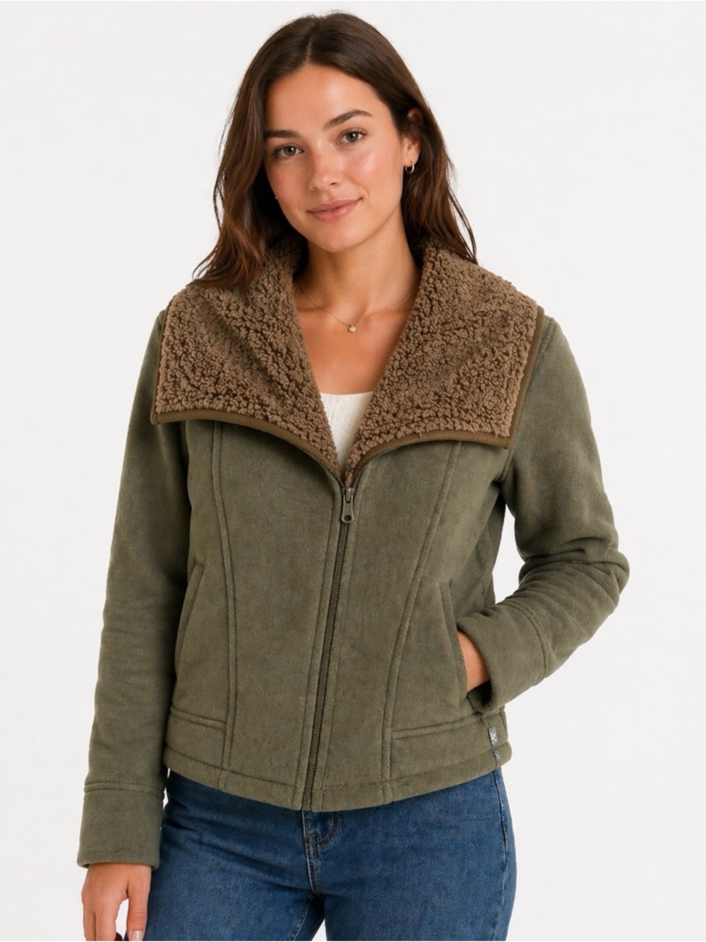 Olive Sherpa-Lined Zip Front Jacket